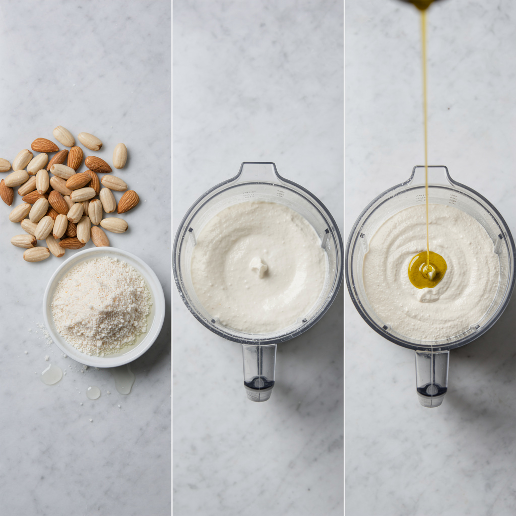 Emulsión del ajo blanco: almendras Marcona, pasta blanca y aceite Arbequina en hilo fino