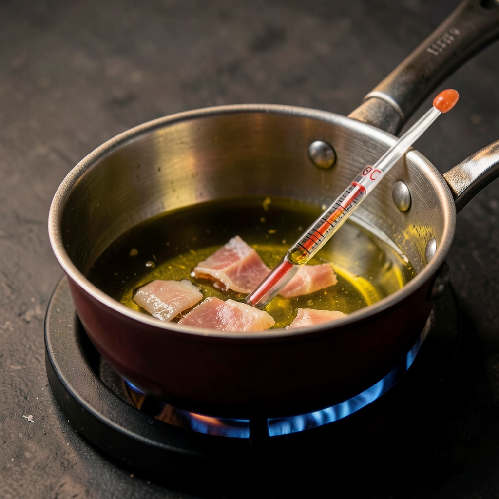 Infusión de grasa de jamón ibérico de bellota en AOVE a 60°C con termómetro de precisión