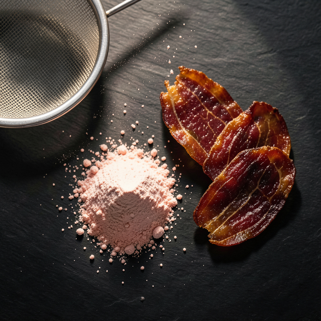 Polvo de jamón ibérico crujiente y lonchas deshidratadas sobre pizarra negra con tamiz