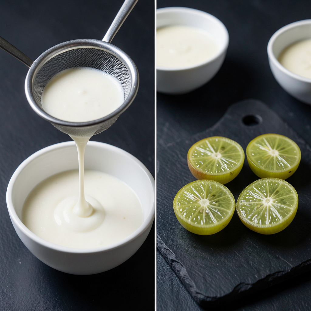 Tamizado del ajo blanco y uvas Moscatel cortadas mostrando su interior translúcido