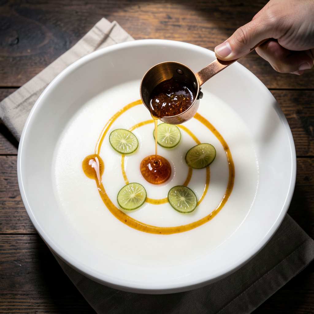 Emplatado: aceite de jamón ibérico ámbar tibio vertido en espiral sobre el ajo blanco frío con uvas Moscatel