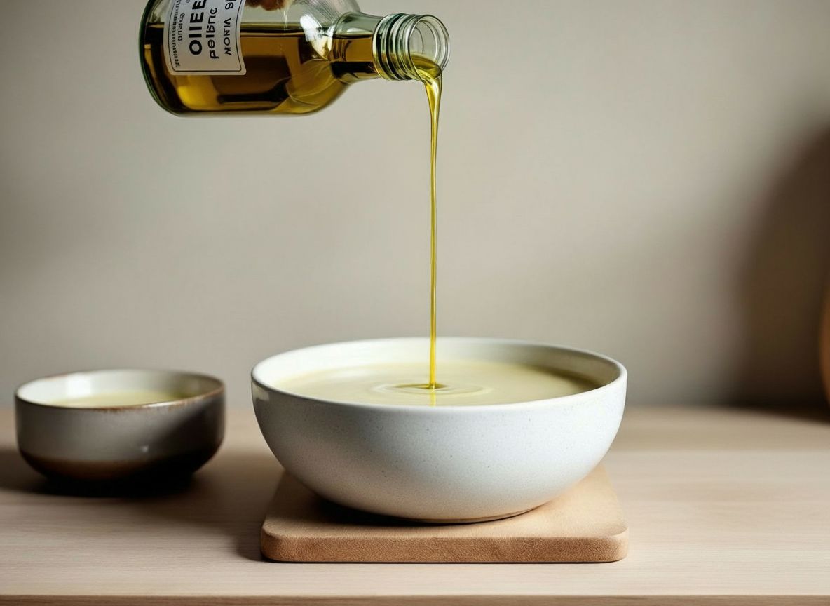 Hilo fino y continuo de aceite de oliva cayendo por la boca de la tapa sobre la crema blanca en la batidora en marcha
