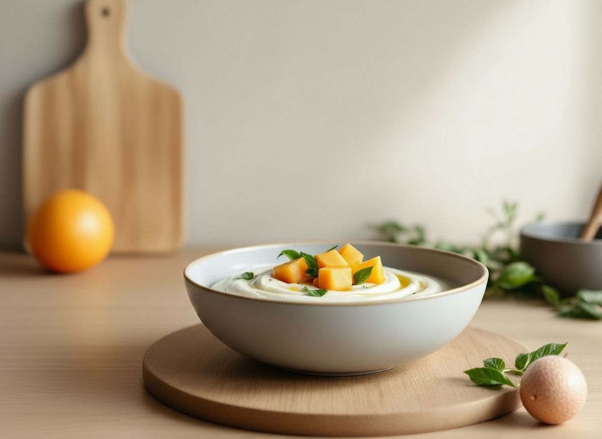 Cuenco hondo de ajoblanco de piñones, blanco nacarado, con dados de melón cantalupo helado en el centro, chiffonade de albahaca y un hilo de aceite de oliva arbequina alrededor