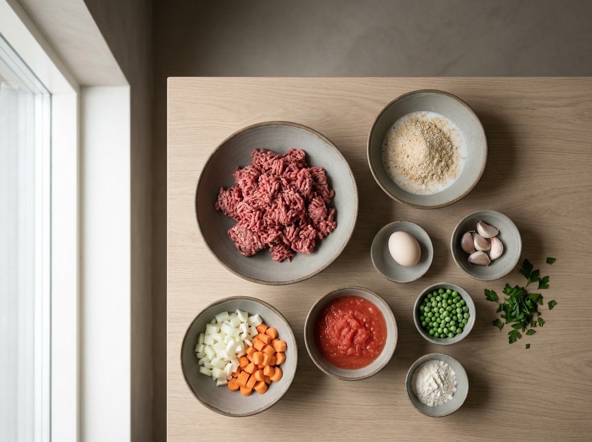 Ingredientes: carne picada de ternera, miga de pan, leche, huevo, ajo, perejil, verduras del sofrito y guisantes