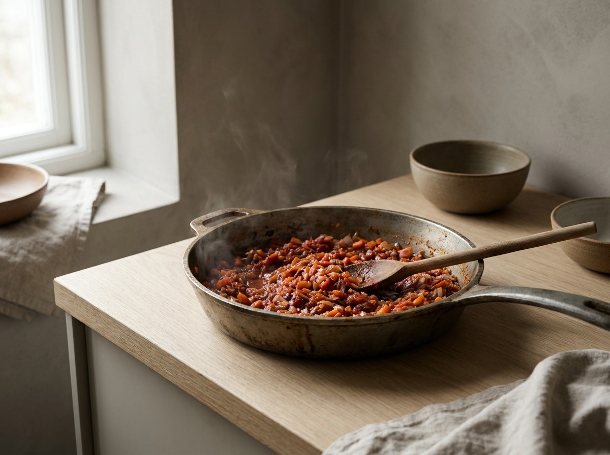 Sofrito de cebolla, zanahoria y tomate para la salsa española