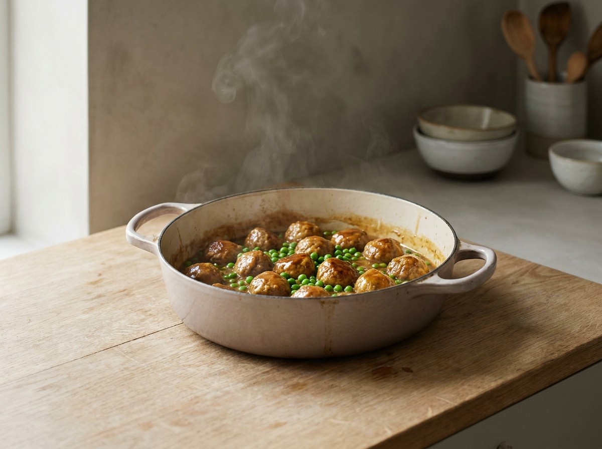 Albóndigas cociéndose en la salsa con guisantes