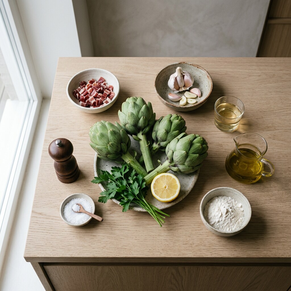 Ingredientes de las alcachofas a la judía en flat lay: alcachofas frescas, ajos, jamón ibérico en dados, vino blanco, aceite de oliva, perejil y limón sobre mesa rústica