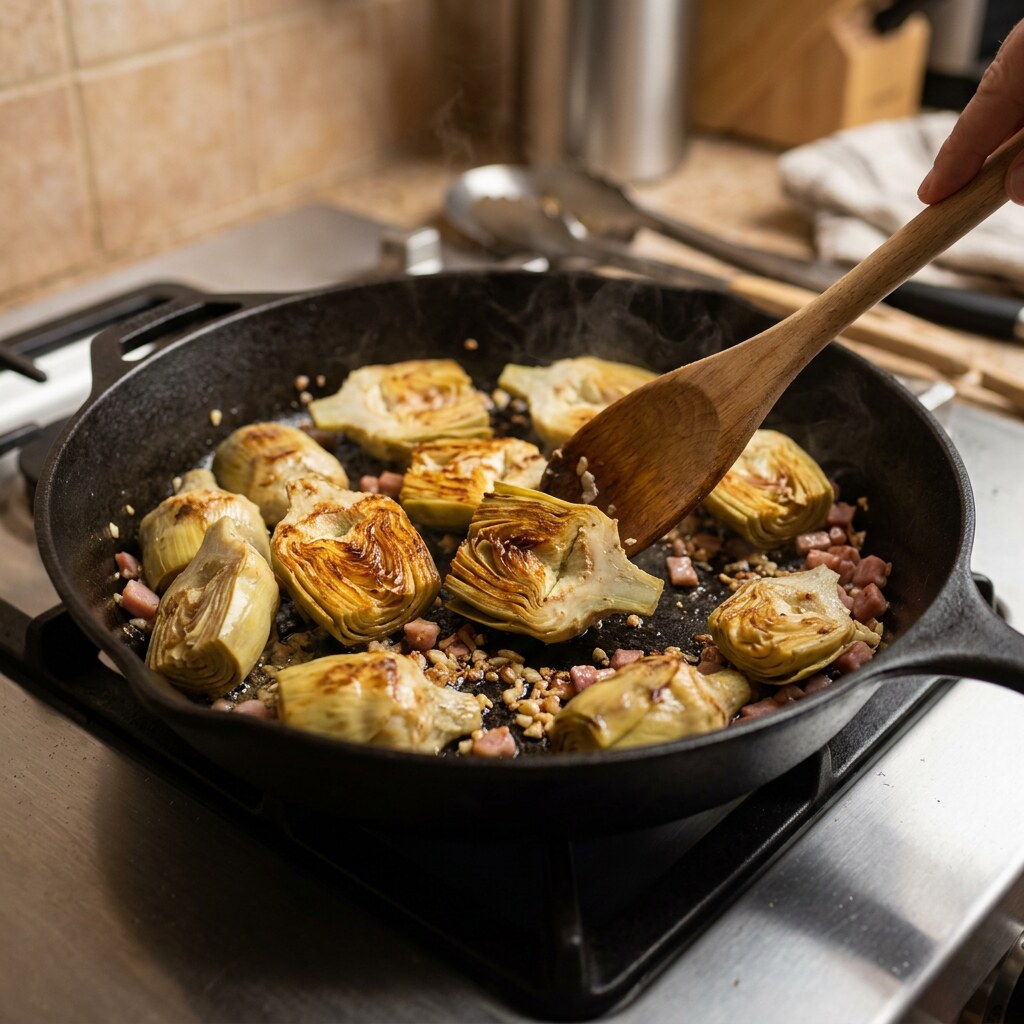 Cuartos de alcachofa sellándose y dorándose en la cazuela con ajo y jamón