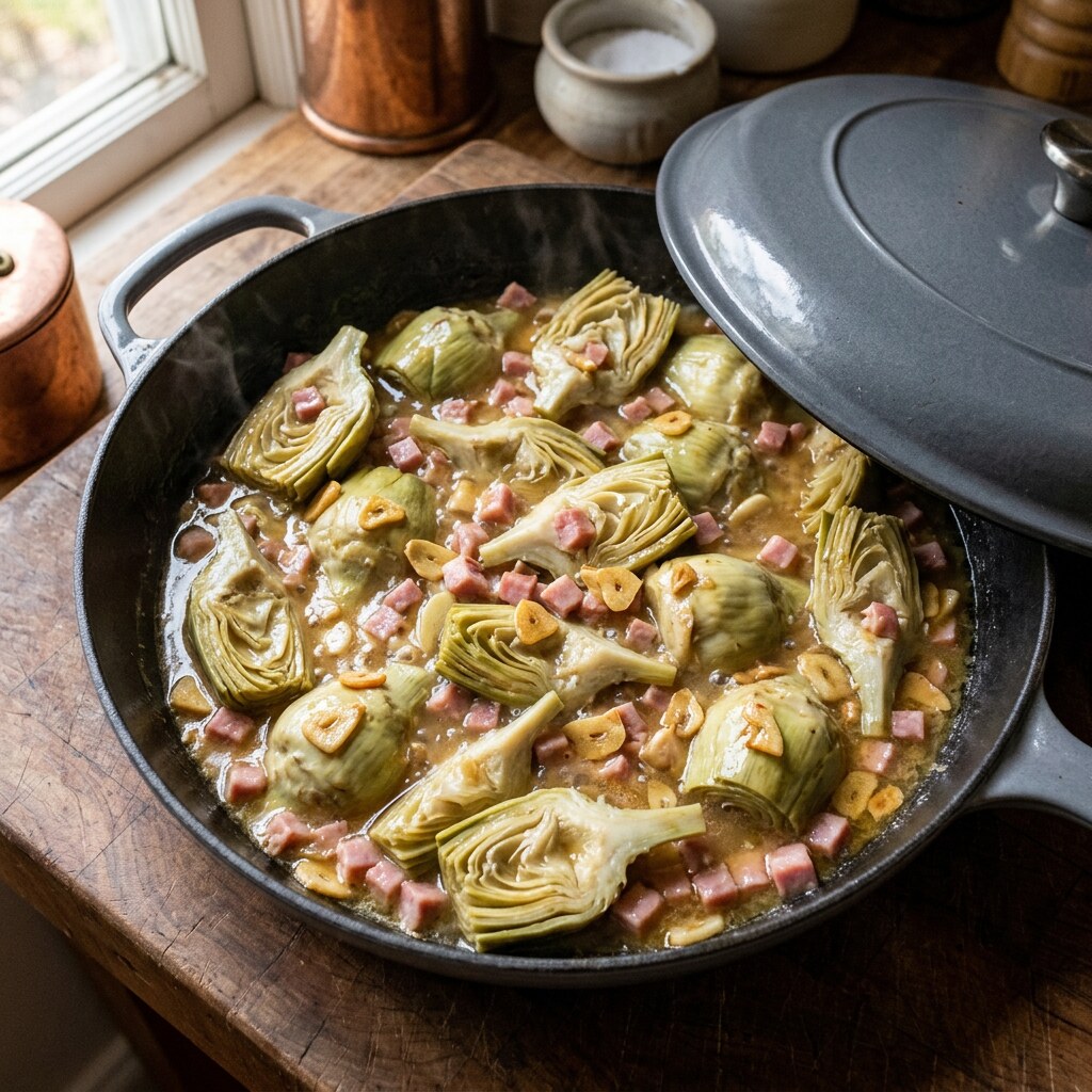 Alcachofas guisándose tapadas en salsa de vino blanco hasta quedar tiernas