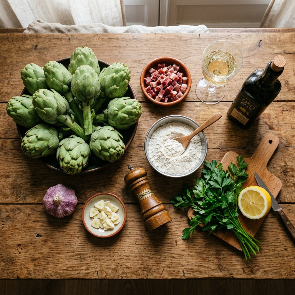 Ingredientes de la alcachofa confitada en flat lay: alcachofas frescas, aceite de oliva, ajos, tomillo, laurel, lonchas de jamón ibérico, aceite de trufa y flor de sal sobre mesa rústica