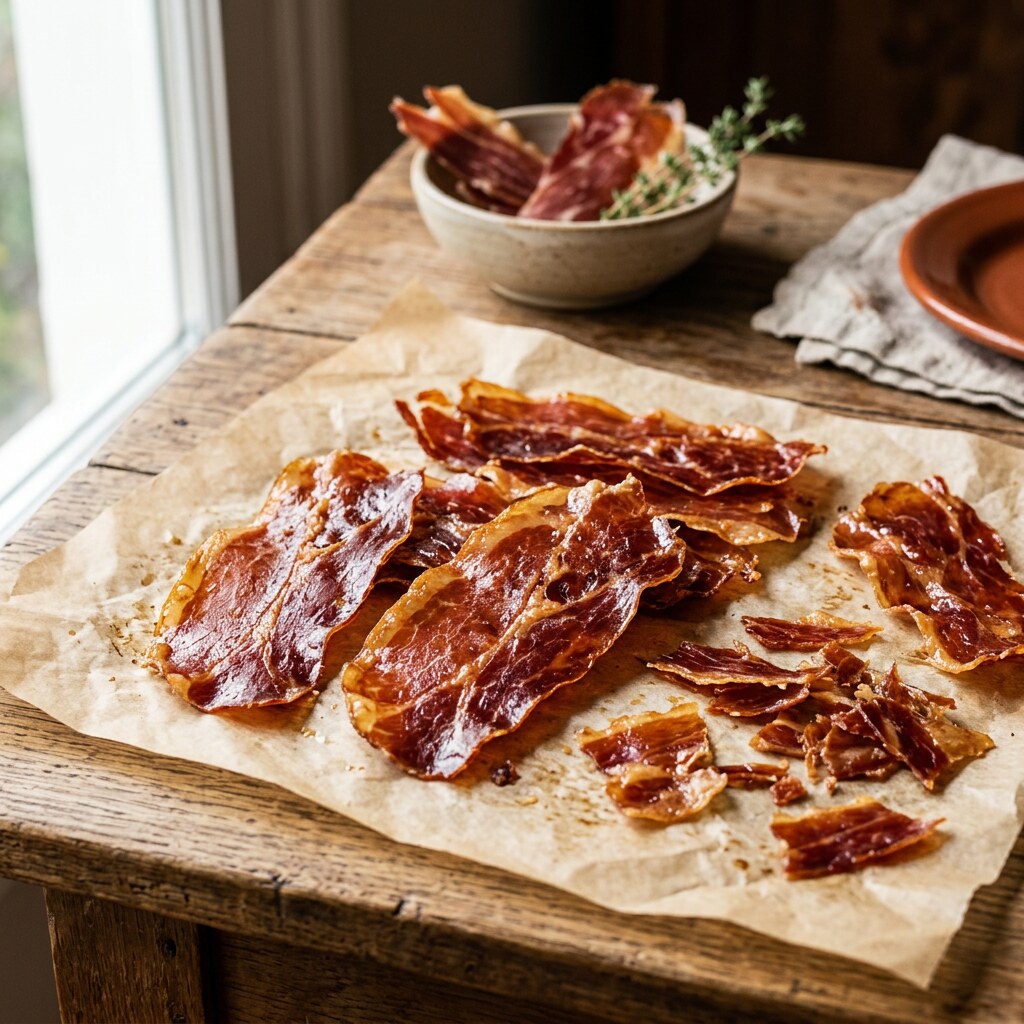 Lonchas de jamón ibérico horneadas hasta quedar crujientes entre papeles de horno