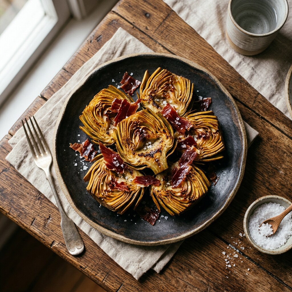Emplatado de alcachofas doradas con virutas de jamón crujiente y flor de sal