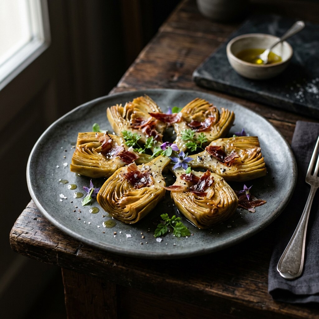 Alcachofas confitadas y doradas emplatadas con virutas de jamón ibérico crujiente, flor de sal y unas gotas de aceite de trufa, sobre plato de piedra