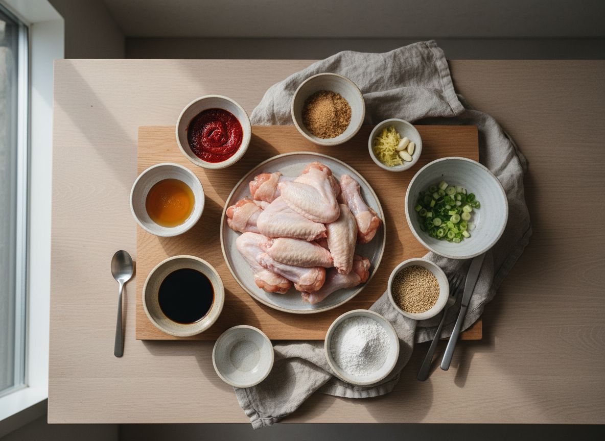 Mise en place de las alitas gochujang: alitas crudas separadas, fécula de patata, tarrina de gochujang, soja, miel, ajo, jengibre, sésamo y cebolleta