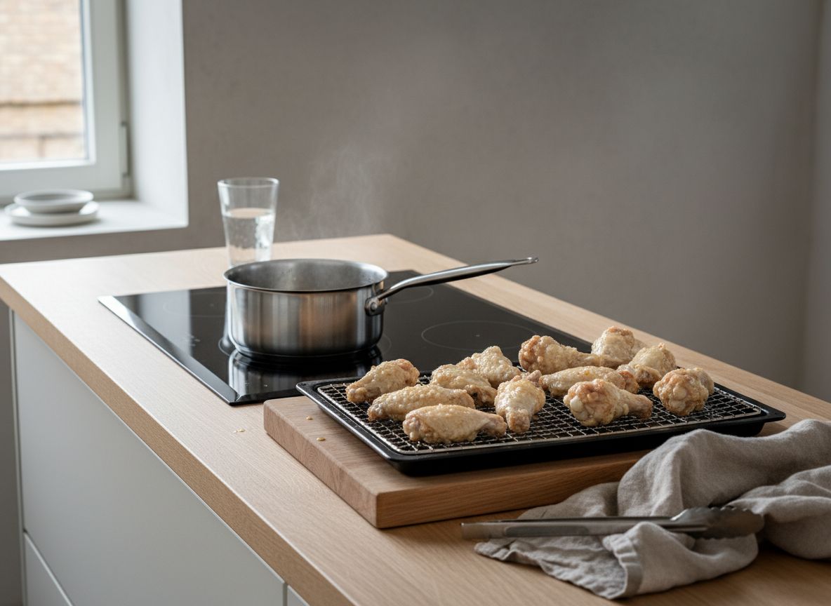 Primera fritura de las alitas a 160 grados en aceite con termómetro de cocina en la olla