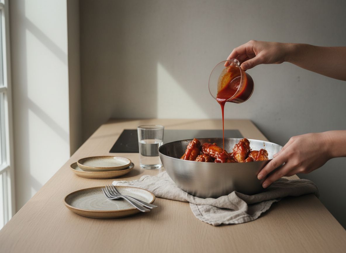 Salsa de gochujang roja y brillante napando la cuchara en un cazo de fondo grueso