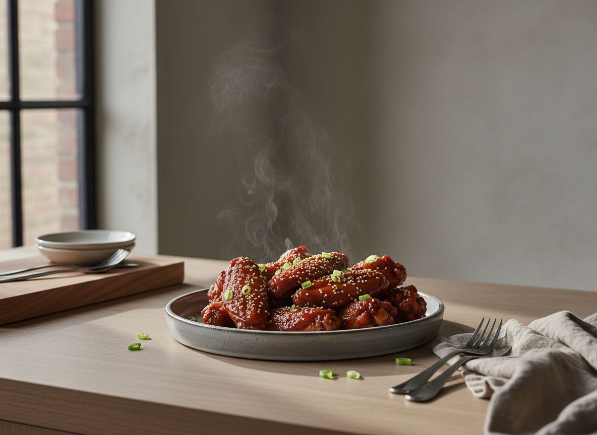 Alitas de pollo laqueadas en salsa gochujang brillante de color rojo intenso, espolvoreadas con sésamo tostado y cebolleta picada sobre plato de cerámica gris