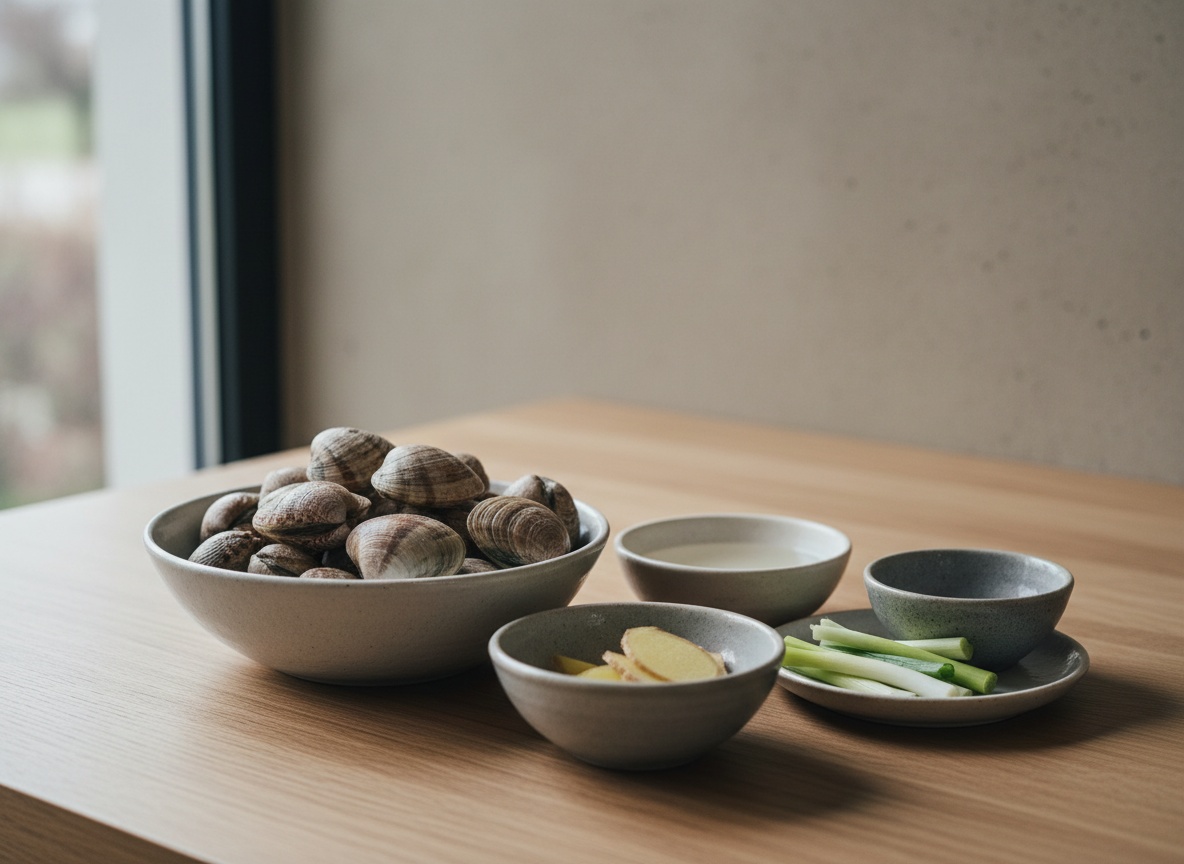 Ingredientes del sakamushi vistos de lado sobre cerámica artesanal: almejas asari, sake, jengibre y cebolleta.