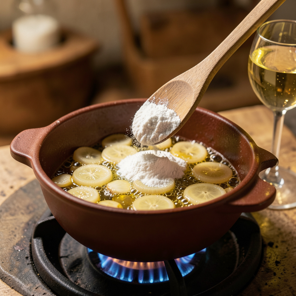 Base de salsa verde: ajo confitado en cazuela de barro con harina y copa de Albariño