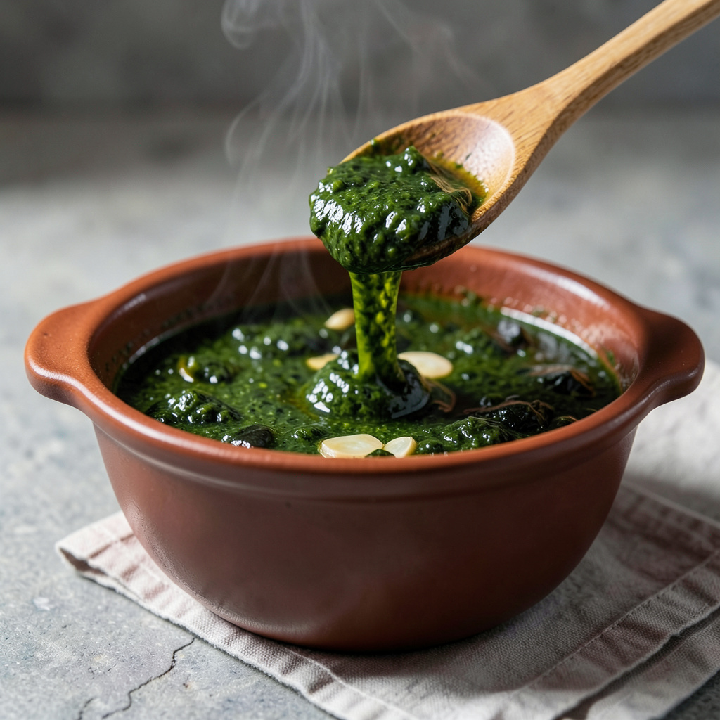Salsa verde de algas terminada en cazuela de barro, sedosa y brillante con codium