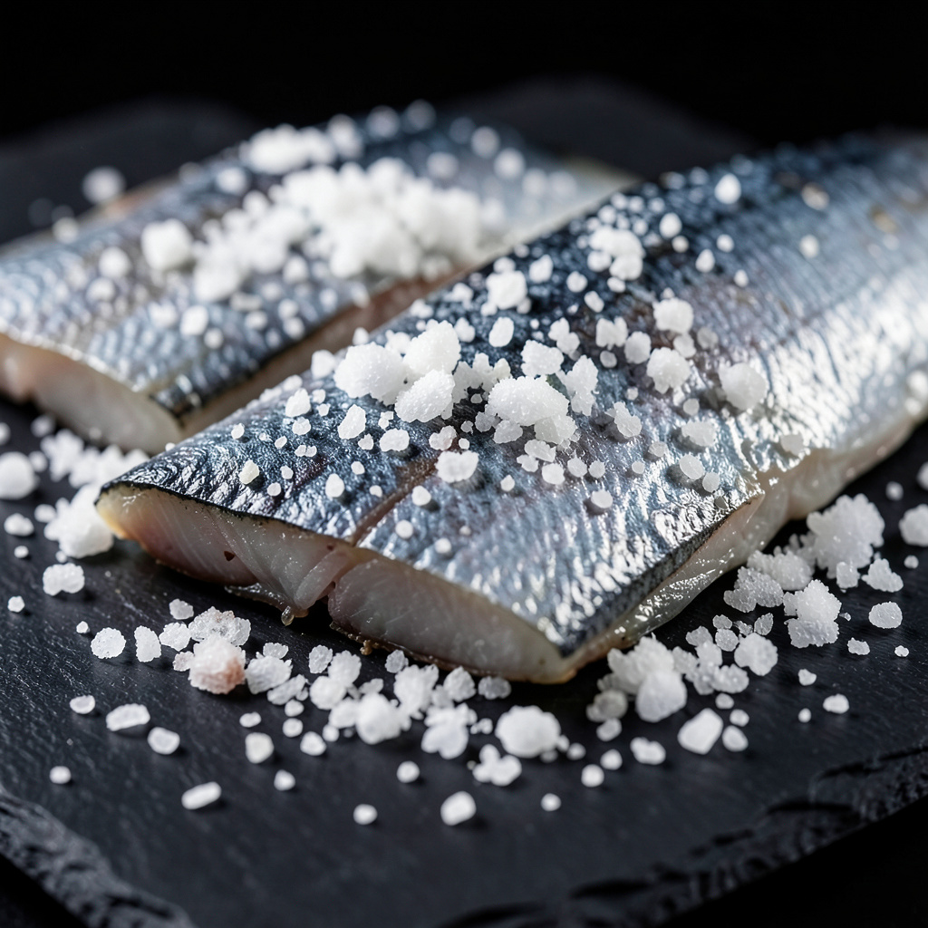 Filetes de anguila curados con sal gruesa y azúcar sobre pizarra negra
