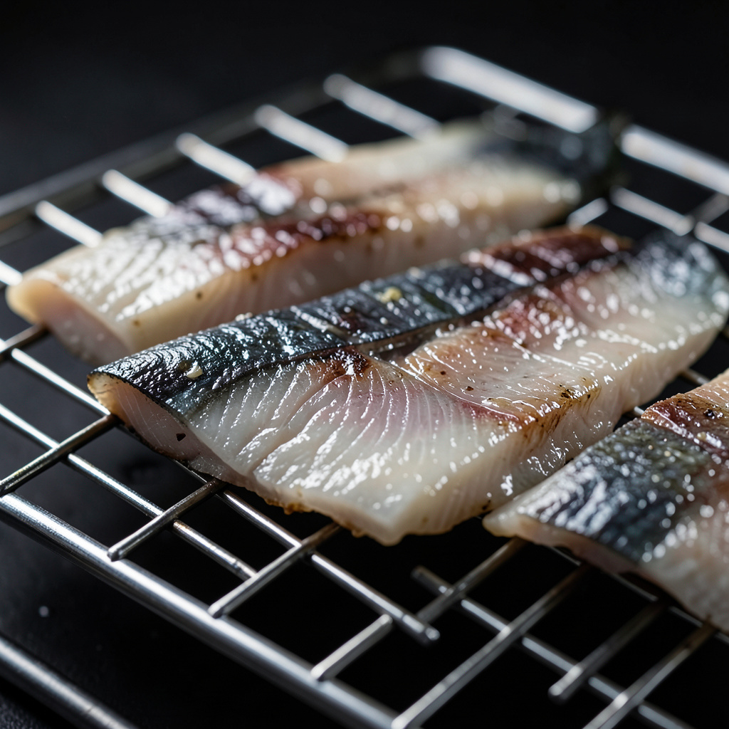 Filetes de anguila formando el pellicle sobre rejilla metálica