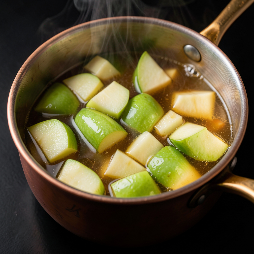 Compota de manzana Granny Smith cocinándose en cazo de cobre