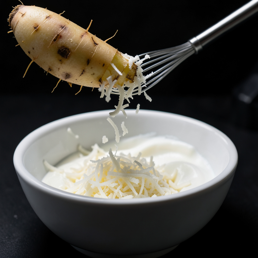 Rábano picante fresco siendo rallado sobre crema montada en bol blanco