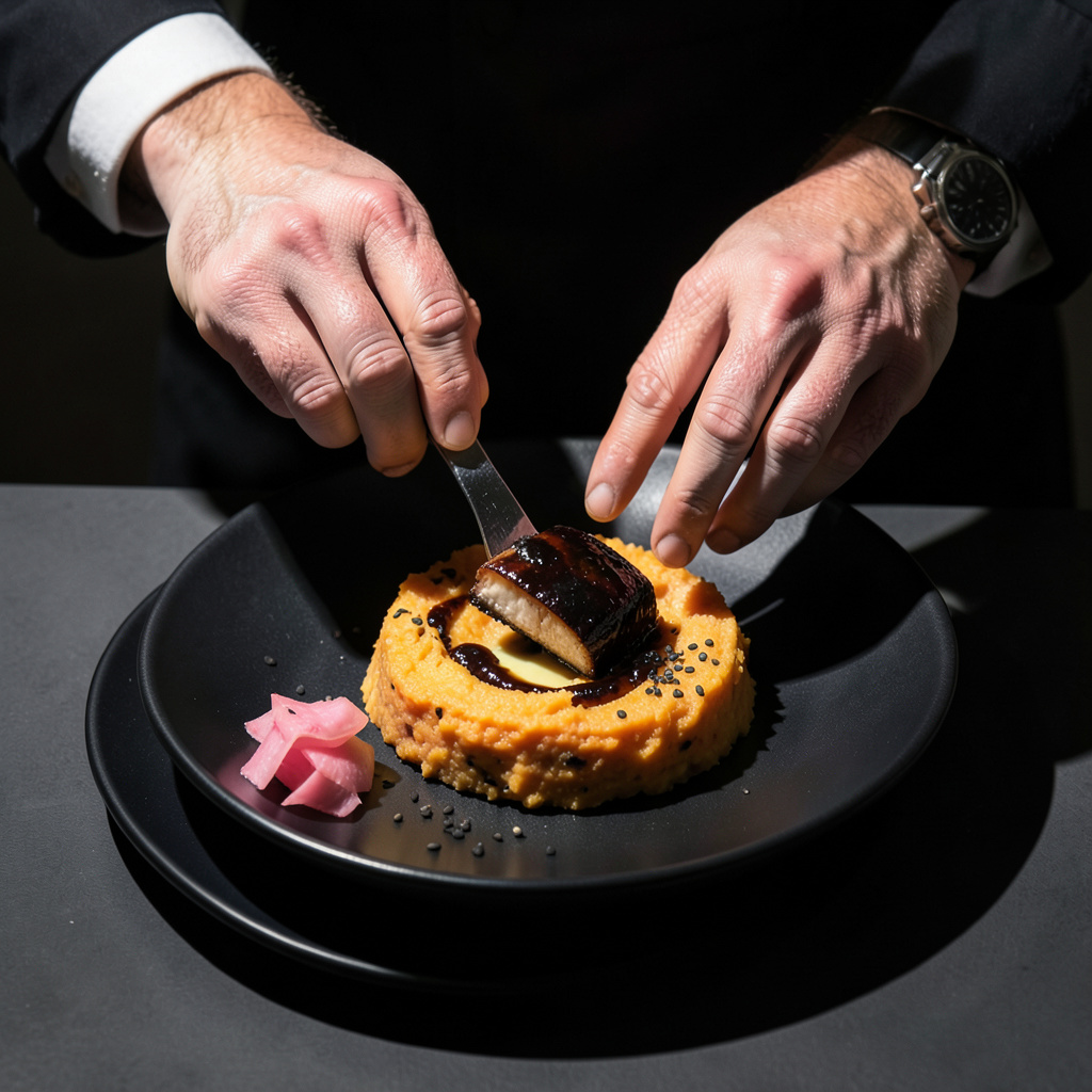 Emplatado — quenelle de puré, anguila, jengibre, sésamo negro