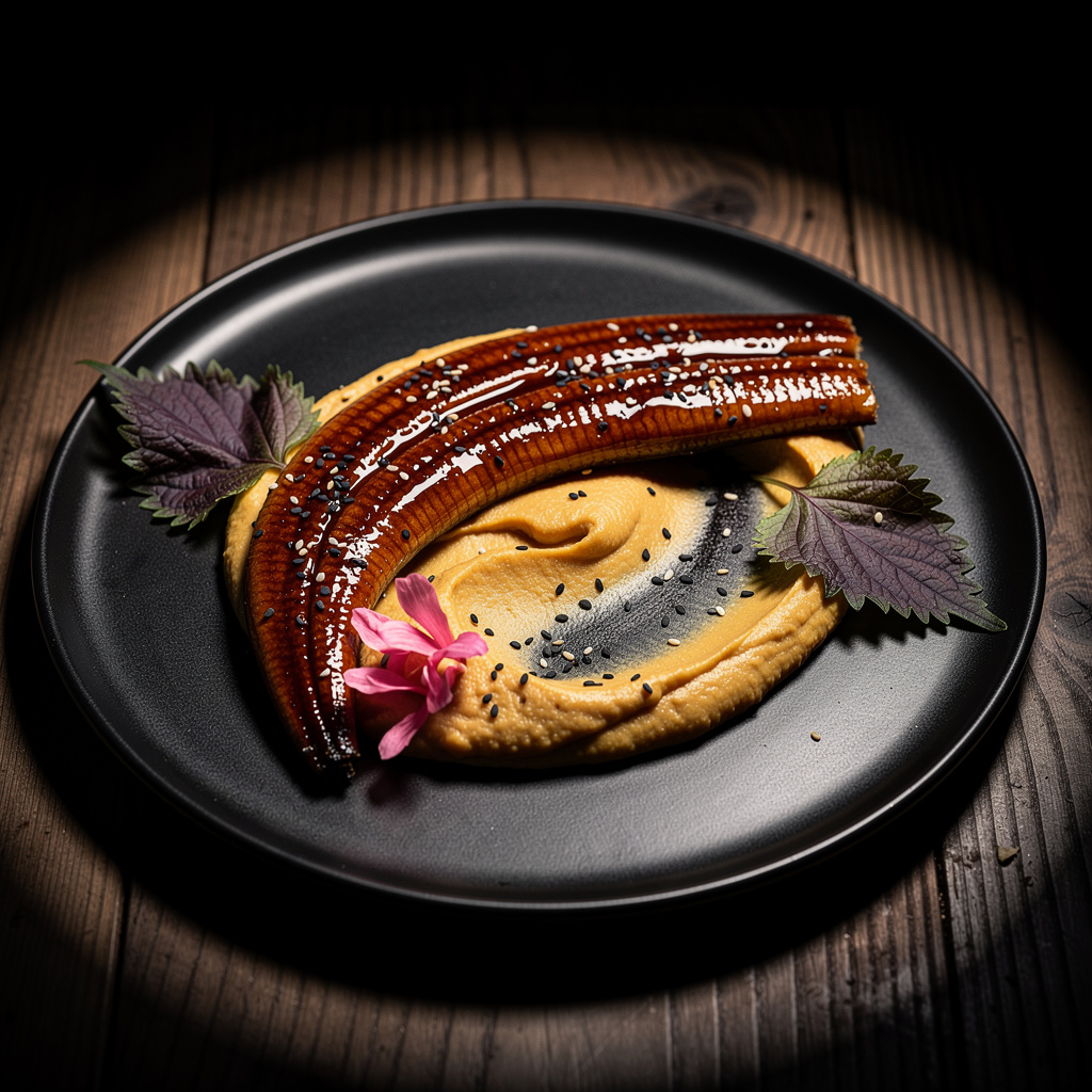 Anguila de río lacada en teriyaki brillante sobre puré de boniato ahumado con encurtido de jengibre rosa y sésamo negro en plato de cerámica negra mate