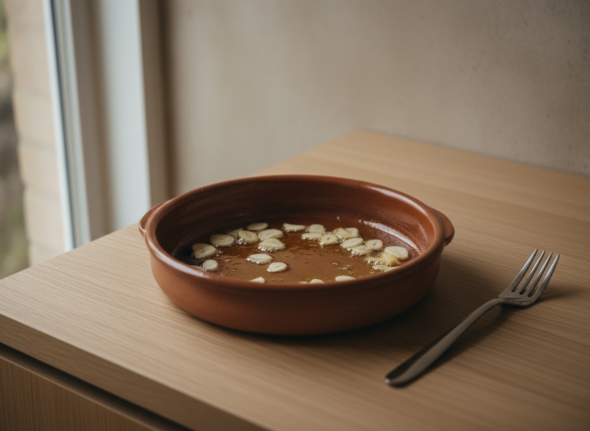 Láminas de ajo dorándose en aceite de oliva dentro de una cazuela de barro, con luz natural lateral por la izquierda.