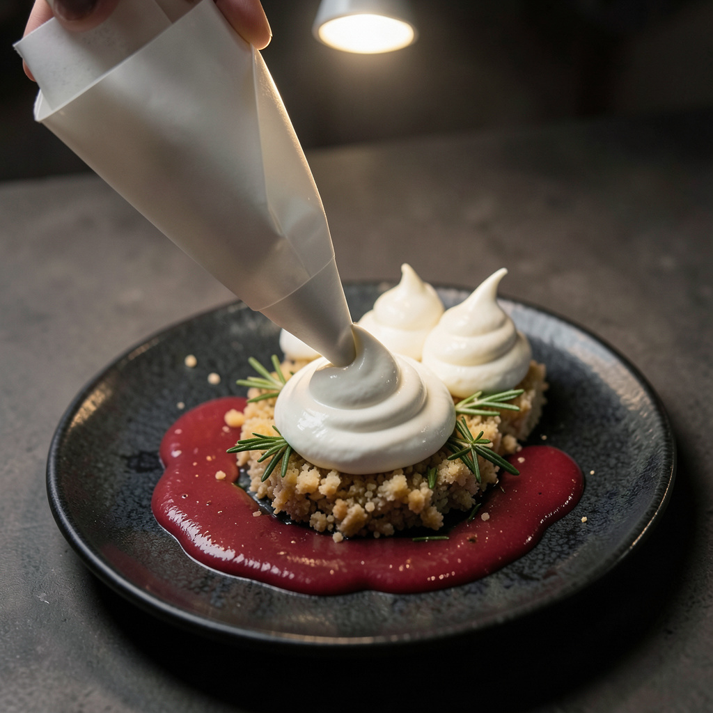 Escudillar crema de manchego con manga pastelera
