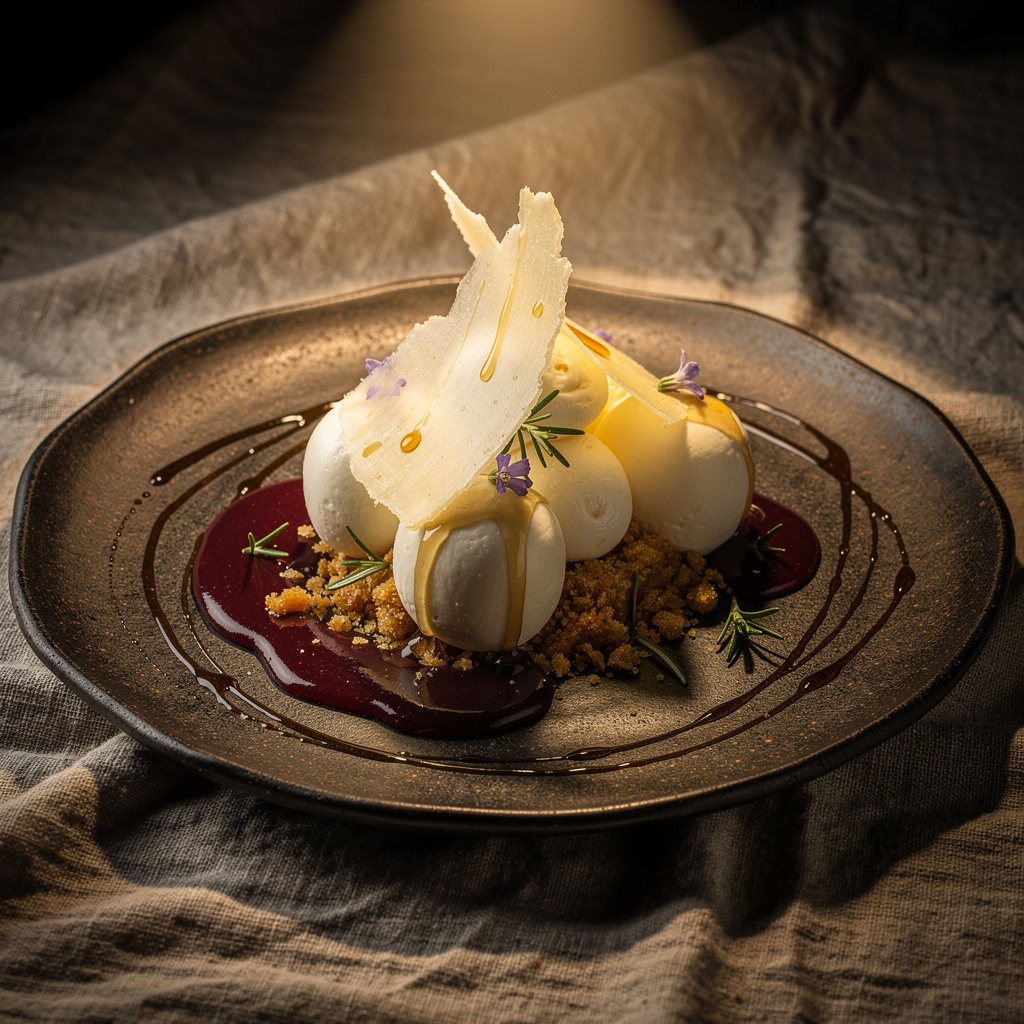 Anti-tarta de manchego añejo con crema blanca, miel quemada oscura, membrillo líquido rojo y tierra de romero sobre plato de cerámica rústica oscura