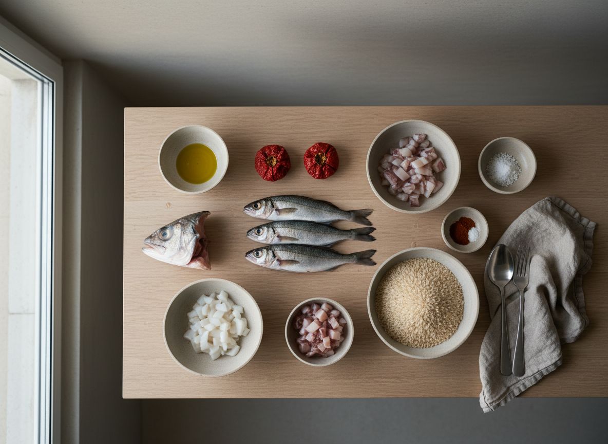 Mise en place del arroz a banda: morralla de roca, cabeza de rape, ñoras secas, arroz bomba, sepia, azafrán y ajo en cuencos de cerámica