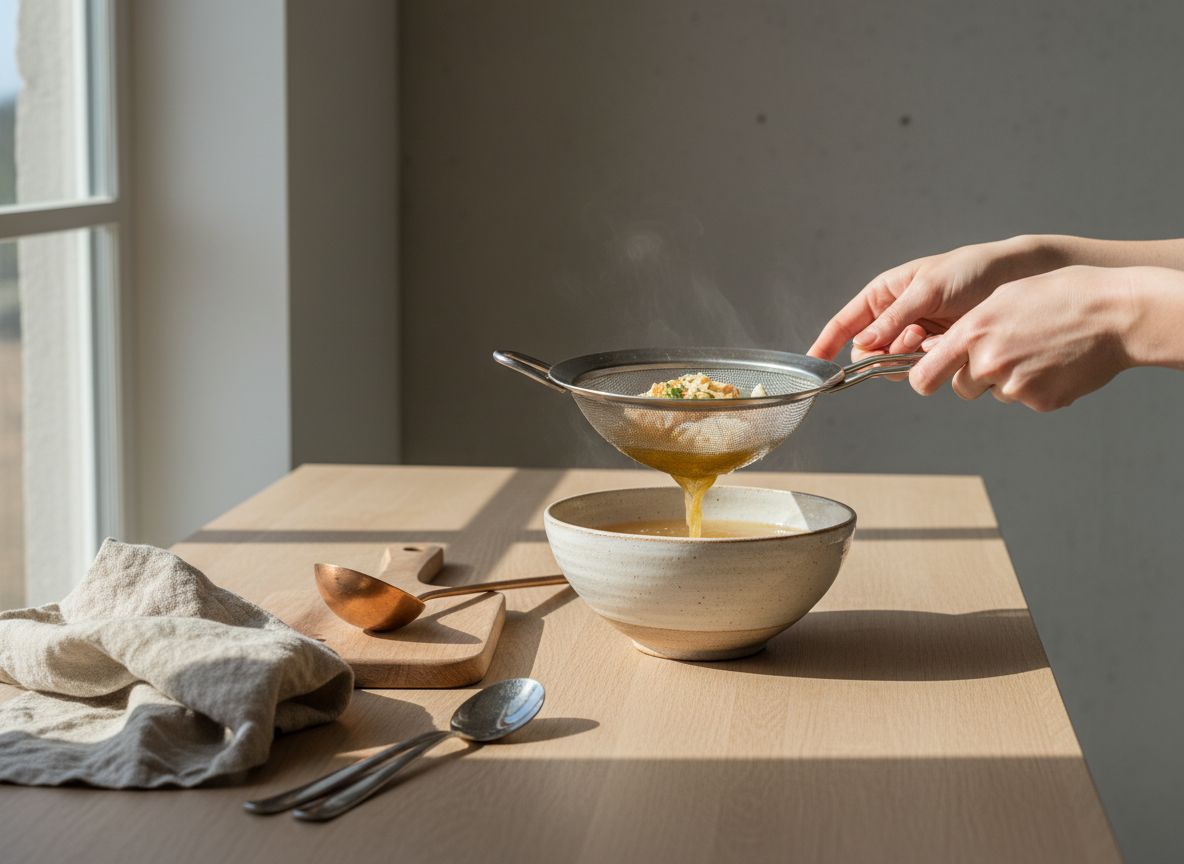 Caldo de morralla colándose por chino de malla fina, ámbar y limpio, sin presionar el pescado