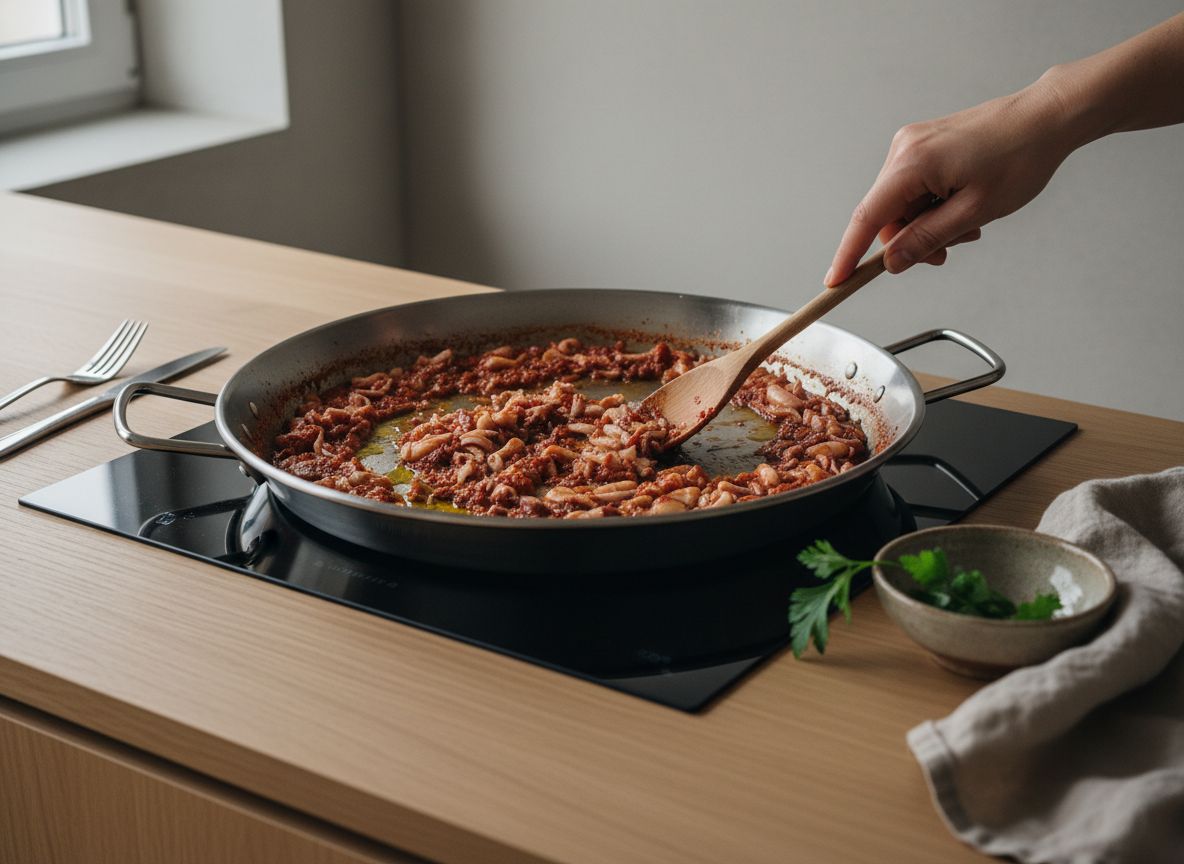 Sofrito de sepia y tomate rallado reduciéndose en la paella hasta que el aceite sube limpio