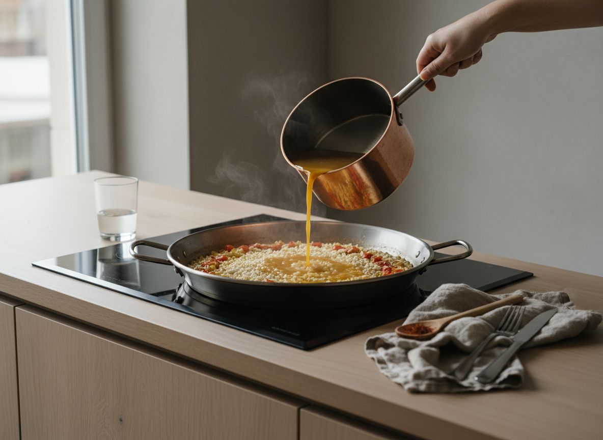 Arroz bomba nacarado en el sofrito recibiendo el caldo de morralla hirviendo con azafrán