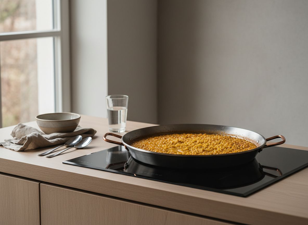 Arroz hirviendo en la paella con el caldo desapareciendo de la superficie y el grano asomando