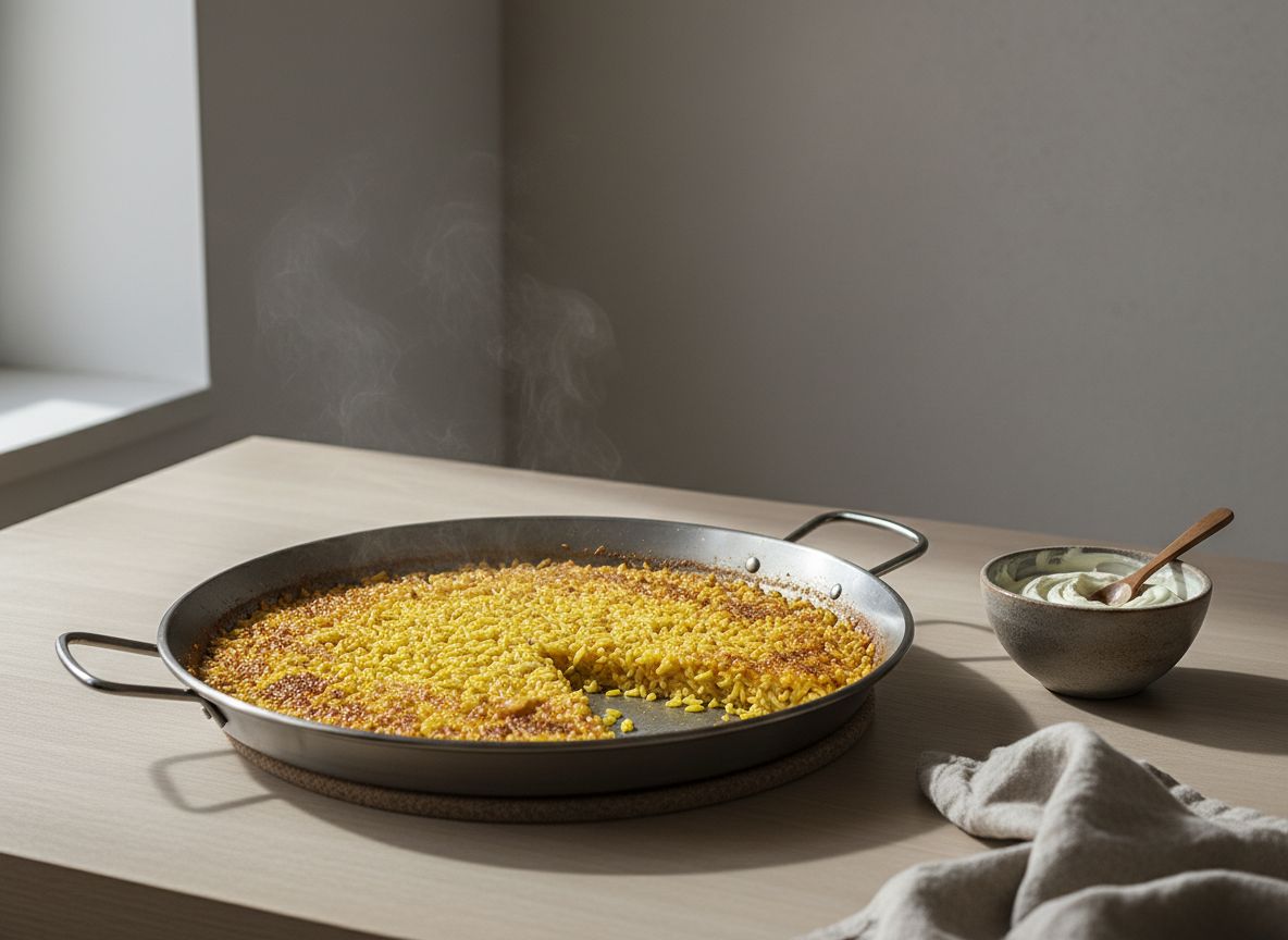 Paella de arroz a banda alicantino de grano suelto y color azafranado, con el socarrat asomando en el borde y un cuenco de alioli montado a mano al lado, sobre encimera de roble claro