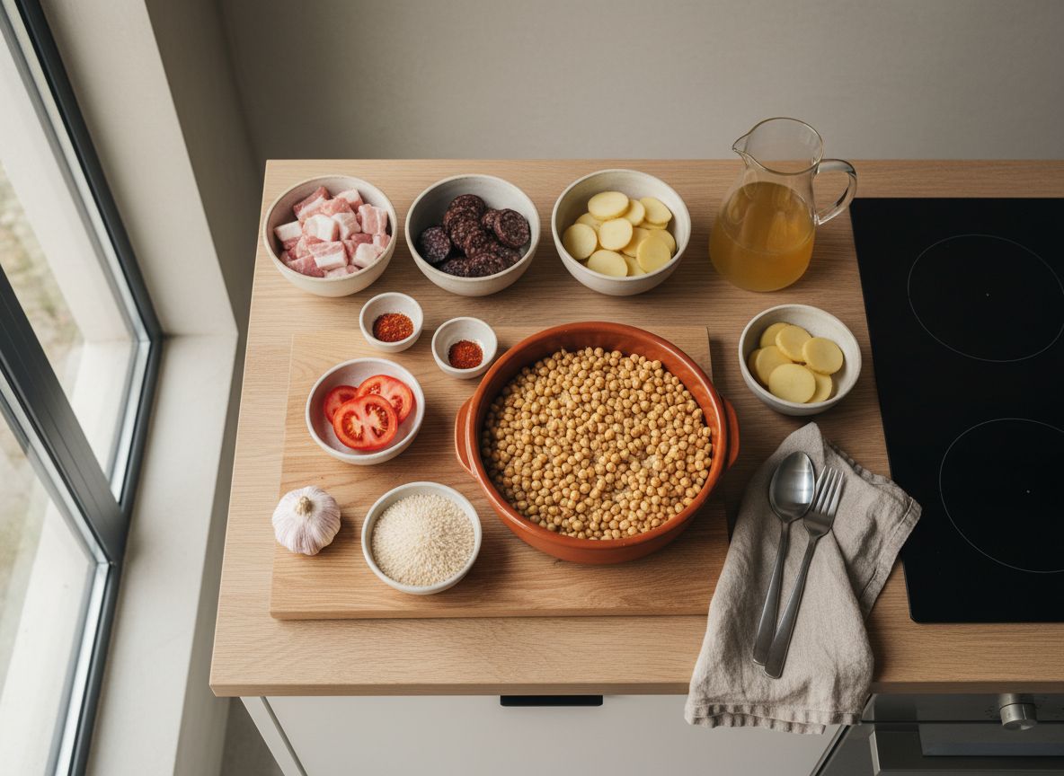 Mise en place del arroz al horno: panceta en dados, morcilla en rodajas, garbanzos cocidos, patata y tomate en rodajas, cabeza de ajos, arroz bomba y azafrán