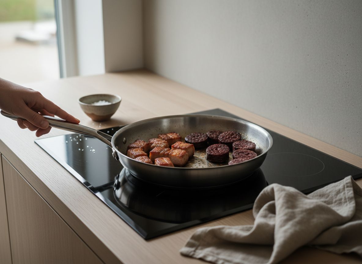 Dados de panceta dorándose en la sartén y rodajas de morcilla marcándose junto a ellos