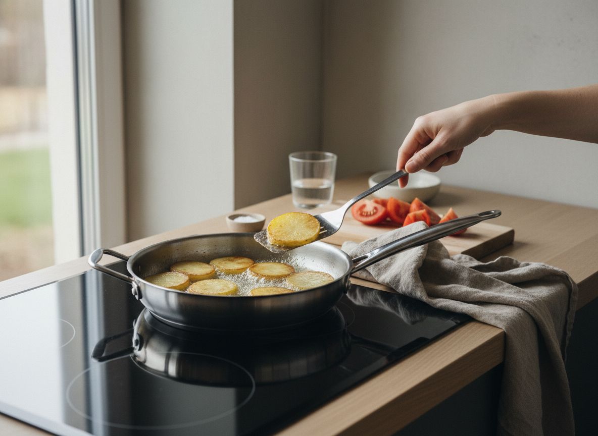 Rodajas de patata friéndose en la grasa de la panceta hasta dorarse por fuera
