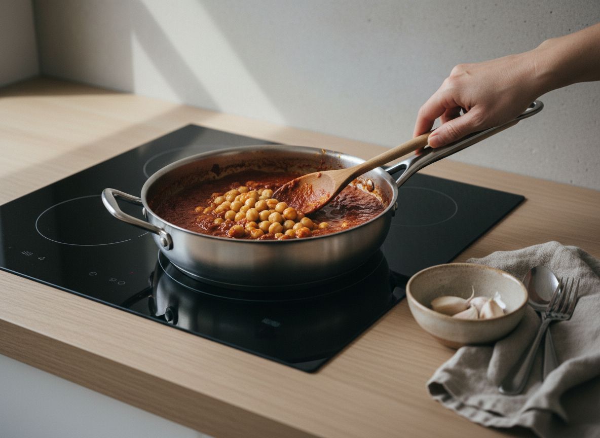 Sofrito de tomate y ajo reducido con los garbanzos incorporados en la sartén
