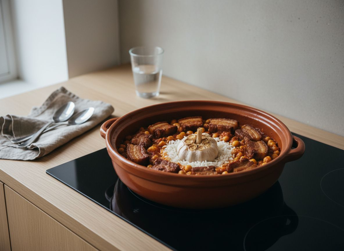 Arroz bomba removido con el sofrito en la cazuela de barro con la cabeza de ajos en el centro