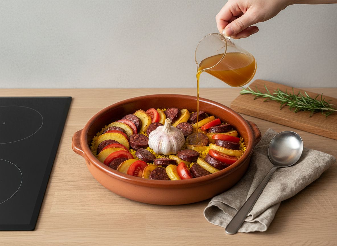 Caldo azafranado vertido por el borde de la cazuela y rodajas de patata, tomate y morcilla colocadas en círculo