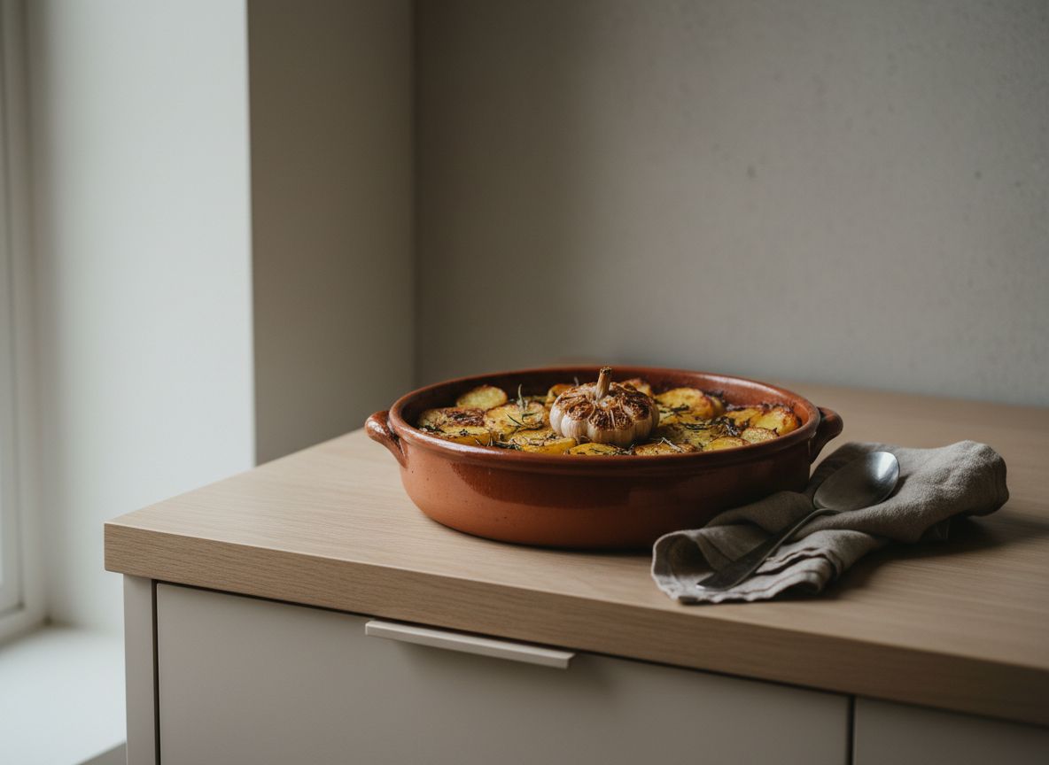 Cazuela de barro dentro del horno con la superficie del arroz seca y las patatas tostadas