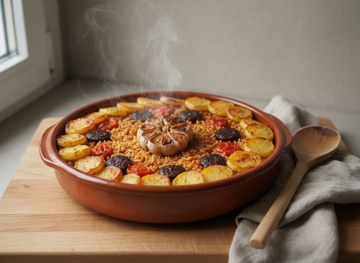 Cazuela de barro con arroz al horno valenciano coronado por rodajas de patata doradas, tomate, morcilla y una cabeza de ajos entera en el centro, sobre tabla de roble