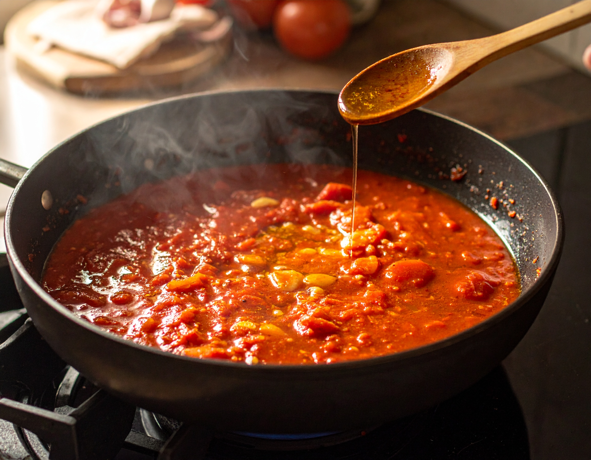 Sofrito de tomate y cebolla humeando en sarten