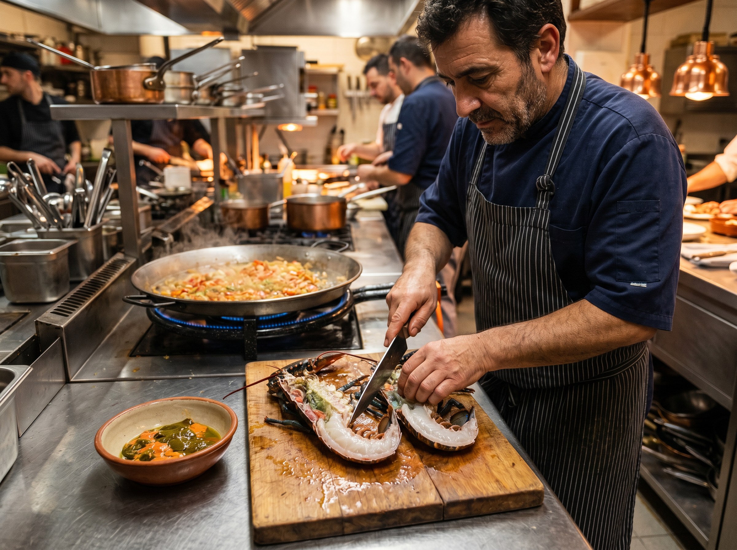 Bogavante vivo siendo partido longitudinalmente, coral reservado para el sofrito