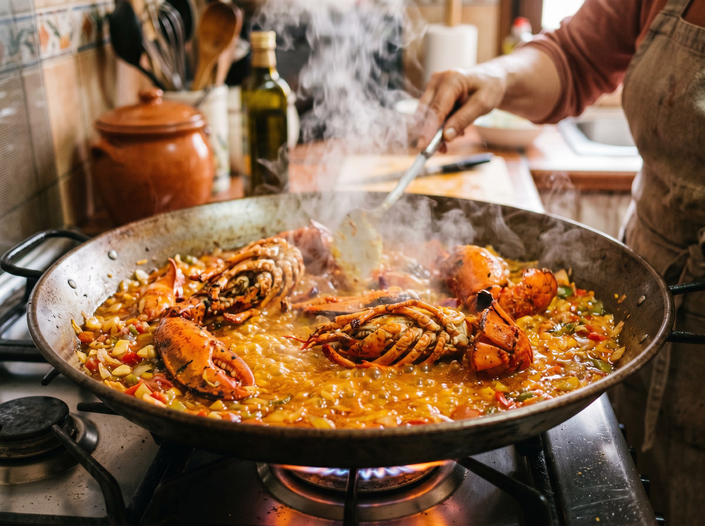 Sofrito de bogavante con tomate pimenton y azafran cocinando en cazuela amplia